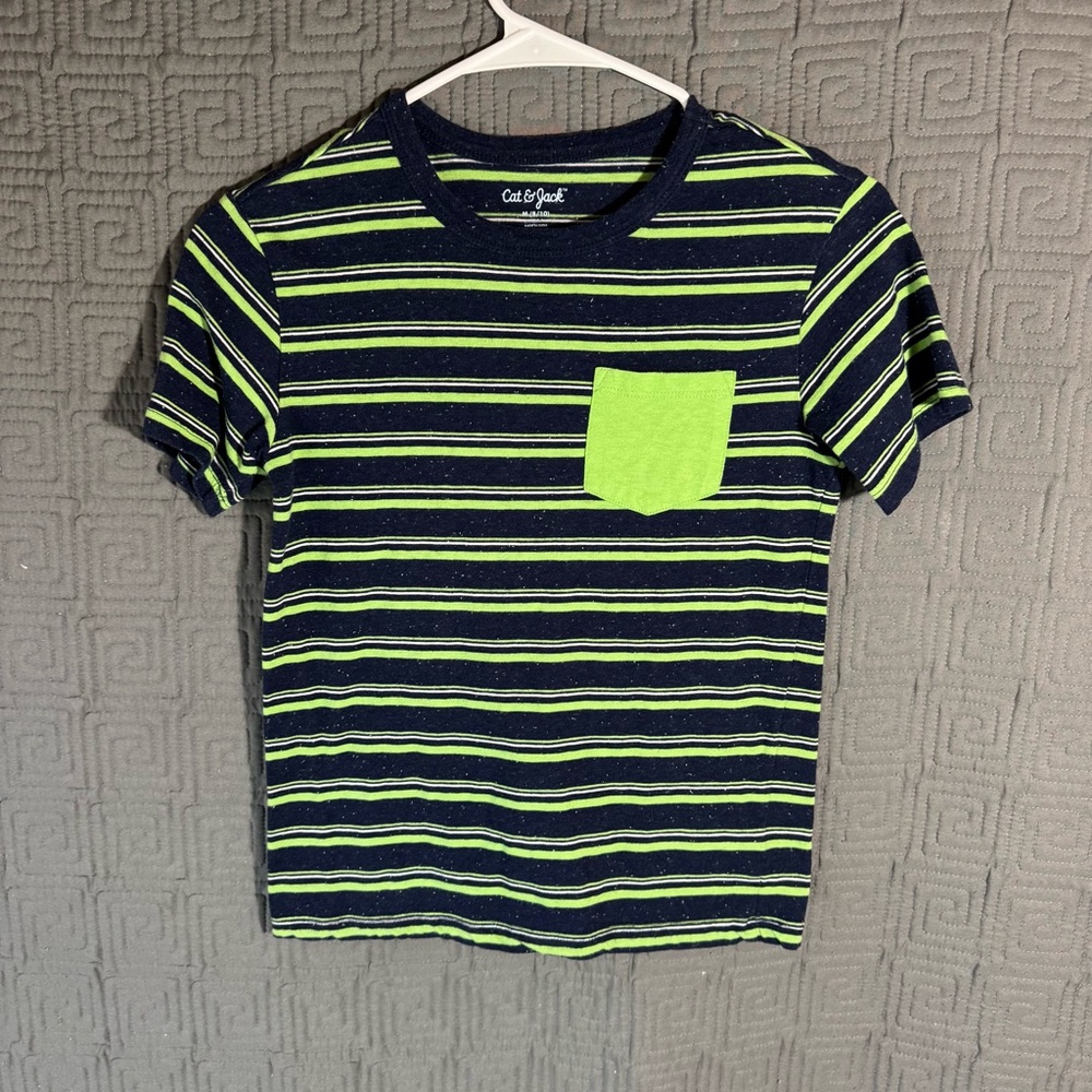 Cat & Jack T-Shirt Boys Size Medium 8/10 Blue Green Stripe Left Pocket